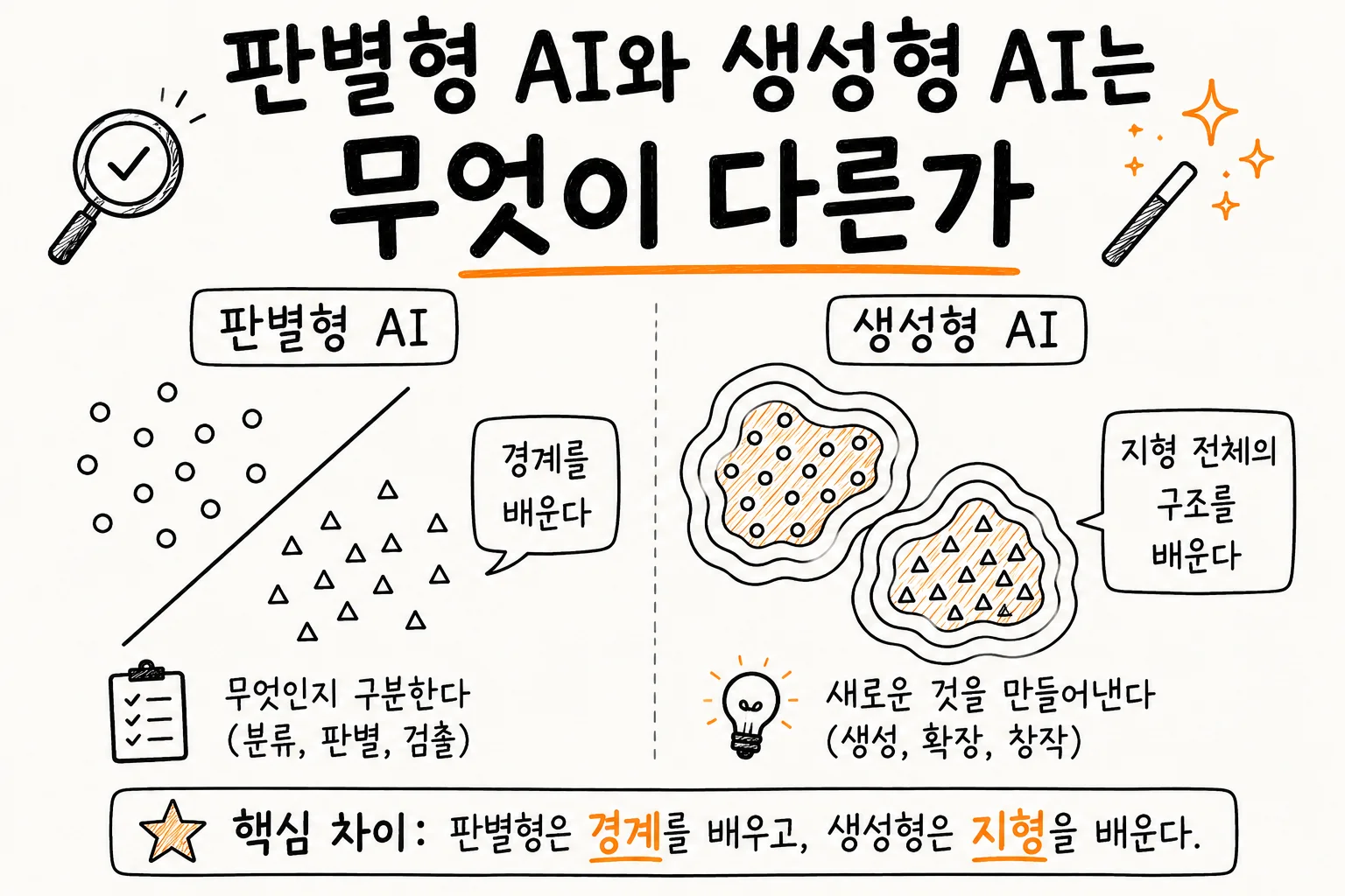 판별형 AI와 생성형 AI를 좌우로 비교한 손그림 썸네일. 왼쪽 판별형 AI는 원 무리와 삼각형 무리를 대각선 하나로 가르며 경계를 배운다고 설명하고, 오른쪽 생성형 AI는 같은 두 무리를 등고선으로 감싸 지형 전체의 구조를 배운다고 설명한다. 아래 정리 박스에는 판별형은 경계를 배우고 생성형은 지형을 배운다고 적혀 있다.