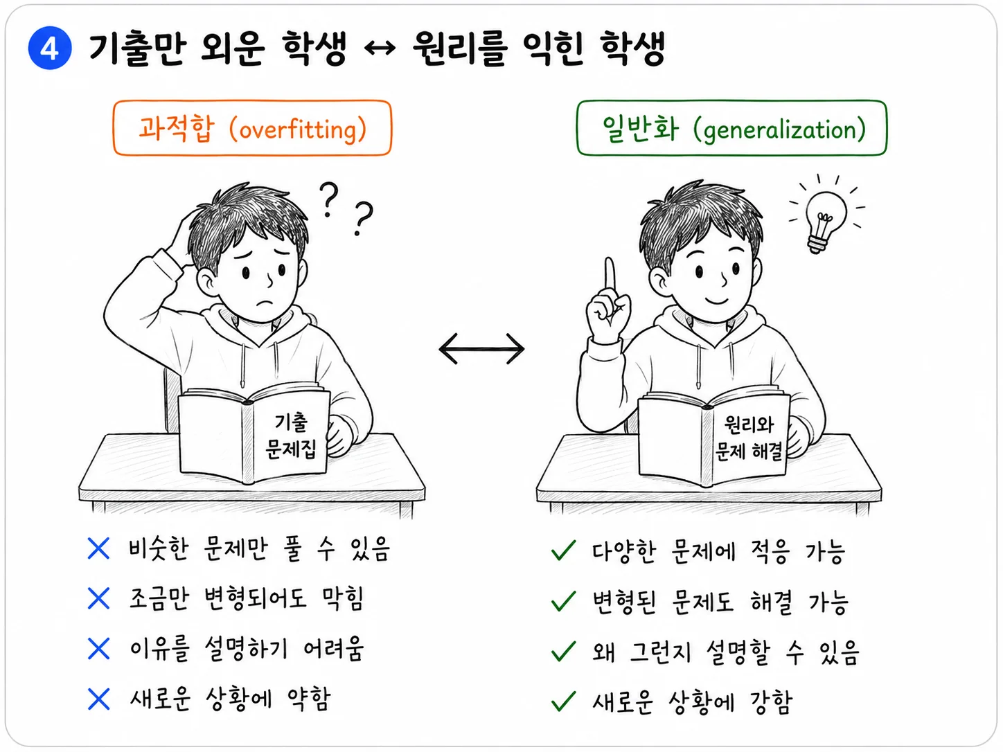 왼쪽에는 기출 문제집을 펴놓고 머리를 긁으며 곤란해하는 학생, 오른쪽에는 원리와 문제 해결이라는 책을 펴놓고 손가락을 들어 답을 찾은 학생을 나란히 놓고, 각각 과적합과 일반화로 이름 붙인 그림