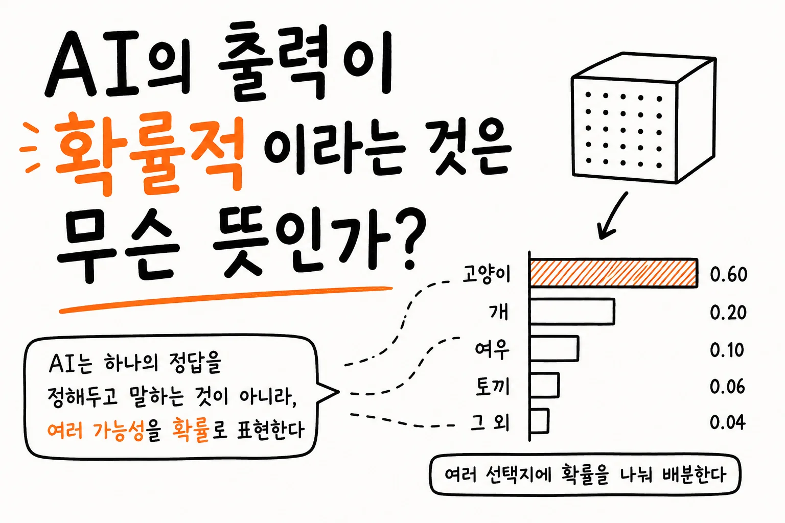 AI의 출력이 확률적이라는 것은 무슨 뜻인가라는 제목이 크게 적힌 손그림 썸네일. '확률적'이라는 단어만 주황색으로 강조되어 있다. 오른쪽 위에는 점이 격자로 박힌 입체 상자가 모델을 나타내며, 거기서 내려온 화살표가 아래의 가로 막대 그래프로 이어진다. 그래프에는 고양이 0.60, 개 0.20, 여우 0.10, 토끼 0.06, 그 외 0.04가 각각의 길이에 맞는 막대와 함께 적혀 있고 맨 위 고양이 막대만 빗금으로 채워져 있다. 그래프 아래에는 여러 선택지에 확률을 나눠 배분한다고 적혀 있다. 왼쪽 아래 말풍선에는 AI는 하나의 정답을 정해두고 말하는 것이 아니라 여러 가능성을 확률로 표현한다고 적혀 있다.